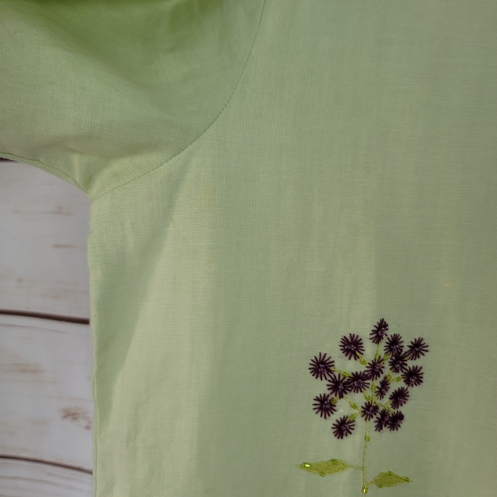 LA Blend | Linen Beaded Floral Button Up Short Sleeve Top Lagenlook - Picture 4 of 7